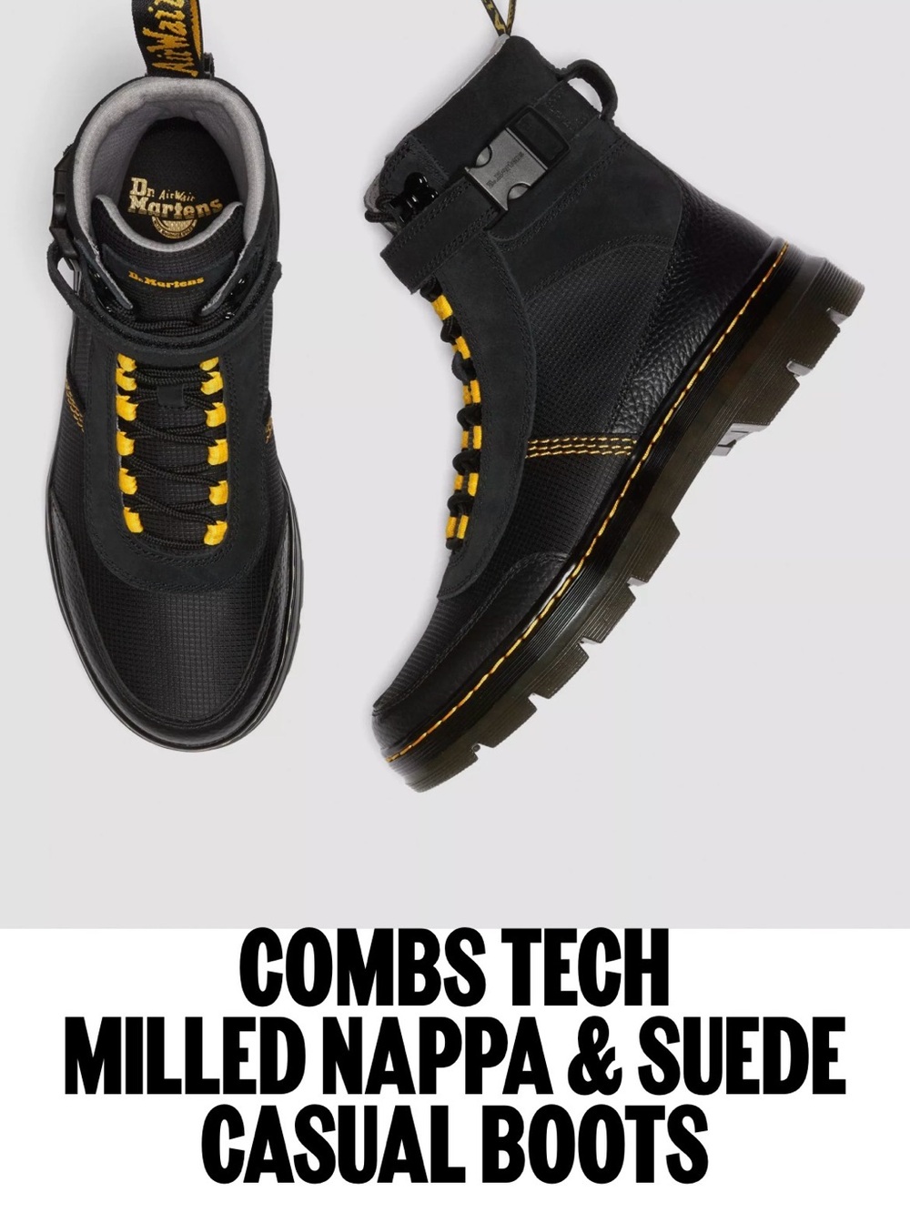 🏍️Dr. Martens Combs Tech milled Nappa Suede lace up boots black yellow sz 10